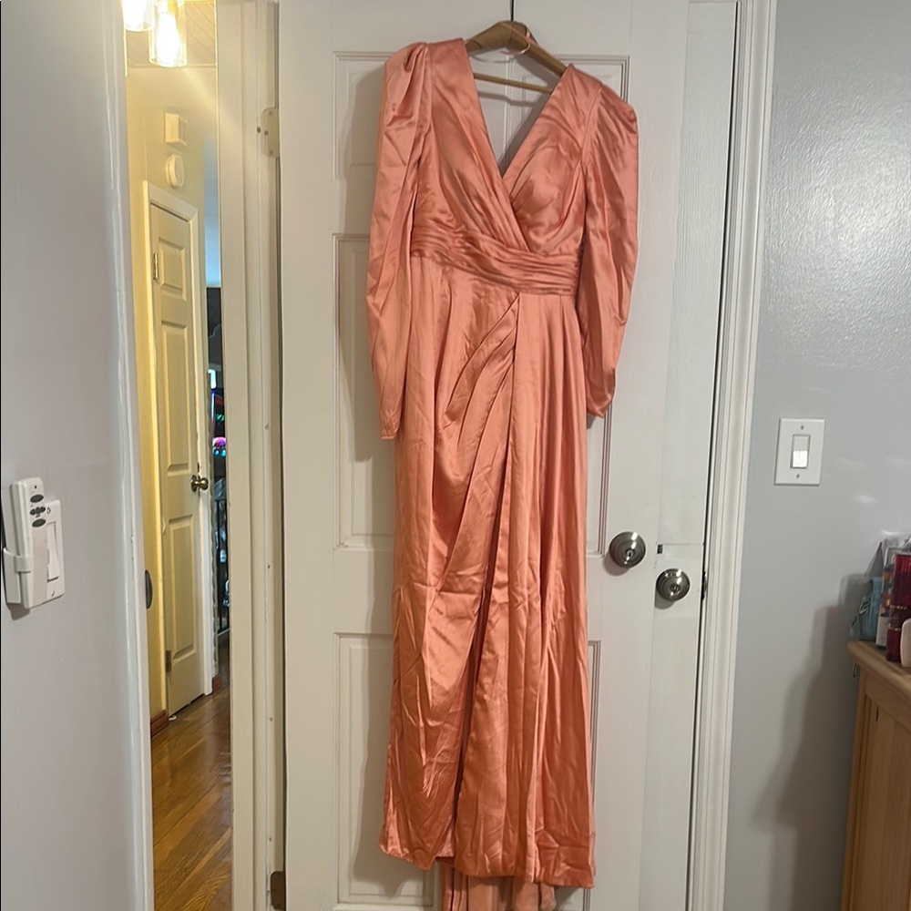 Mac Duggal Orange Pink Wrap Gown with Plunge Neckline and Bishop Sleeves